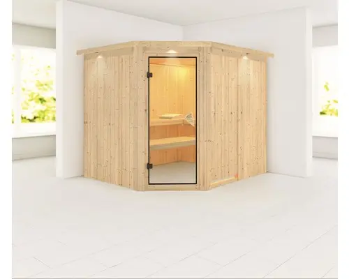 Elementsauna Karibu Malina ohne Ofen mit Dachkranz und bronzierter Ganzglastüre