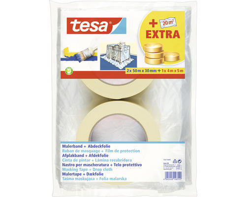 Tesa Abdeckset Malerband 2x 50 m x 30 mm+ Abdeckfolie 4 m x 5 m