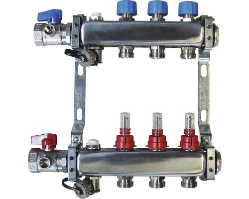 Edelstahlverteiler Komplettset für 3 Heizkreise mit Zubehör