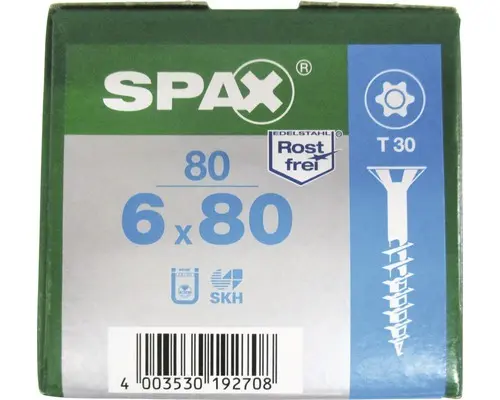 Spax Universalschraube, Edelstahl A2, Senkkopf T 30, Holz-Teilgewinde, 6x80 mm, 80 Stück