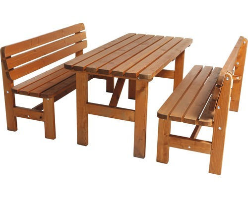 Gartenmöbelset Heurigengarnitur Wien Kieferholz 4-Sitzer bestehend aus: Tisch und 2x Bänke honigbraun gebeizt