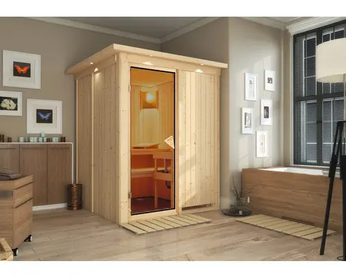 Plug & Play Sauna Karibu Achat I inkl. 3,6 kW Ofen u.integr.Steuerung und Dachkranz mit bronzierter Ganzglastüre