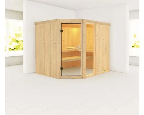 Elementsauna Karibu Siona 3 ohne Ofen und Dachkranz mit bronzierter Ganzglastüre