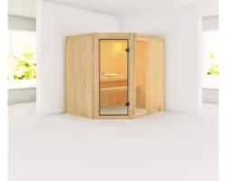 Elementsauna Karibu Siona 2 ohne Ofen und Dachkranz mit bronzierter Ganzglastüre