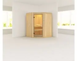 Elementsauna Karibu Larina ohne Ofen und Dachkranz mit bronzierter Ganzglastüre