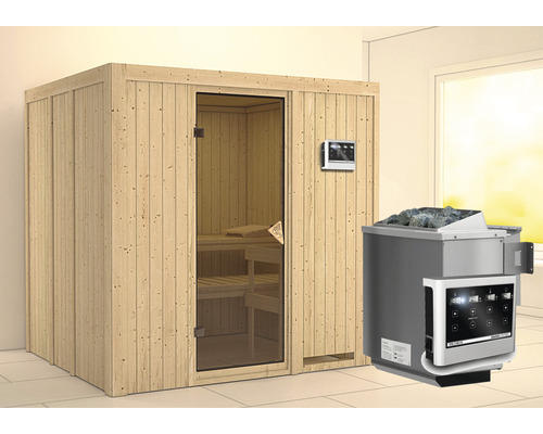Elementsauna Karibu Sodina inkl. 9 kW Bio Ofen u.ext.Steuerung ohne Dachkranz mit bronzierter Ganzglastüre