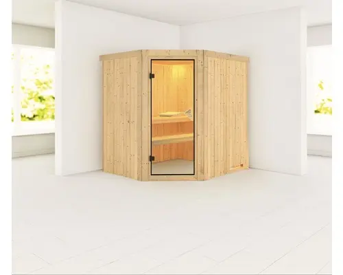 Elementsauna Karibu Siirina ohne Ofen und Dachkranz mit bronzierter Ganzglastüre