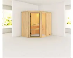 Elementsauna Karibu Siona 1 ohne Ofen und Dachkranz mit bronzierter Ganzglastüre