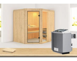 Elementsauna Karibu Siona 2 inkl. 9 kW Ofen u.integr.Steuerung ohne Dachkranz mit bronzierter Ganzglastüre