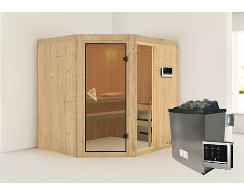 Elementsauna Karibu Siona 2 inkl. 9 kW Ofen u.ext.Steuerung ohne Dachkranz mit bronzierter Ganzglastüre