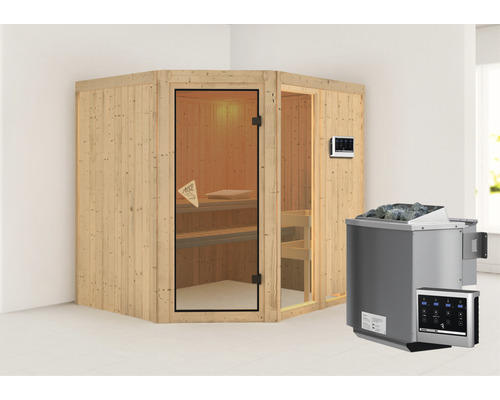 Elementsauna Karibu Siona 2 inkl. 9 kW Bio Ofen u.ext.Steuerung ohne Dachkranz mit bronzierter Ganzglastüre