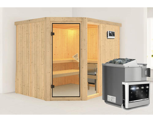 Elementsauna Karibu Siona 3 inkl. 9 kW Bio Ofen u.ext.Steuerung ohne Dachkranz mit bronzierter Ganzglastüre