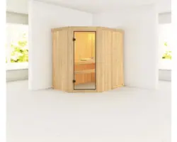 Plug & Play Sauna Karibu Laja ohne Ofen und Dachkranz mit bronzierter Ganzglastüre