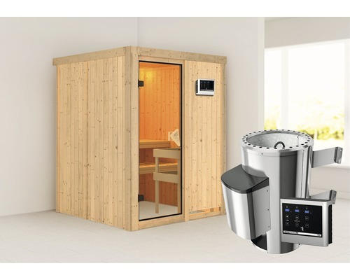 Plug & Play Sauna Karibu Sinja inkl. 3,6 kW Ofen u.ext.Steuerung ohne Dachkranz mit bronzierter Ganzglastüre