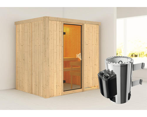 Plug & Play Sauna Karibu Wanja inkl. 3,6 kW Ofen u.integr.Steuerung ohne Dachkranz mit bronzierter Ganzglastüre