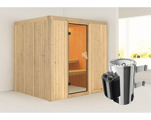 Plug & Play Sauna Karibu Maria inkl. 3,6 kW Ofen u.integr.Steuerung ohne Dachkranz mit bronzierter Ganzglastüre