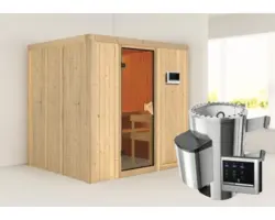 Plug & Play Sauna Karibu Maria inkl. 3,6 kW Ofen u.ext.Steuerung ohne Dachkranz mit bronzierter Ganzglastüre