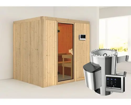 Plug & Play Sauna Karibu Maria inkl. 3,6 kW Ofen u.ext.Steuerung ohne Dachkranz mit bronzierter Ganzglastüre