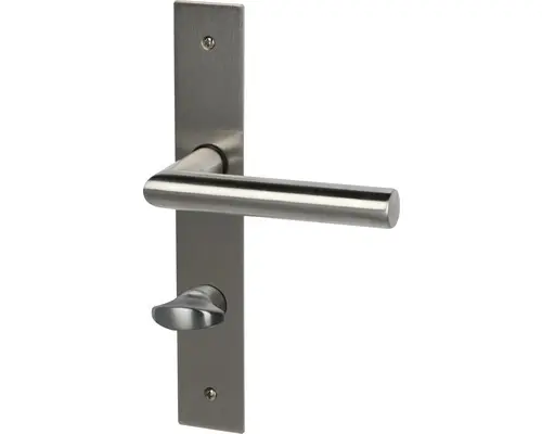 Drücker-Langschild-Garnitur "Piatto" WC+ Bad, Riegel, Edelstahl satiniert/edelstahlfärbig satiniert