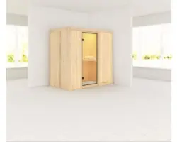 Elementsauna Karibu Mariado ohne Ofen und Dachkranz mit bronzierter Ganzglastüre