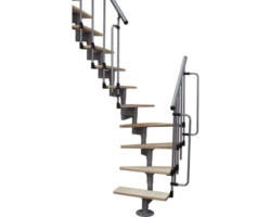 Pertura Mittelholmtreppe Raumspartreppe Arion Perlgrau 1/4 gewendelt unten links/rechts 66 cm Stabgeländer Birke Multiplex Lackiert 12 Stufen / 13 Steigungen