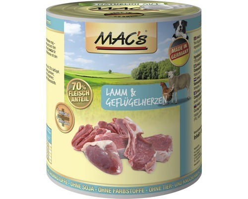 Hundefutter nass MAC's Lamm und Geflügelherzen 800 g