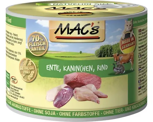 Katzenfutter nass MAC's Ente, Kaninchen und Rind 200 g