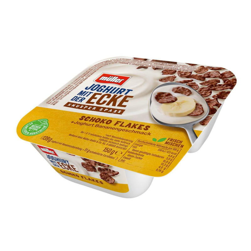 Müller Joghurt mit der Ecke Banane mit Schokolade-Flakes