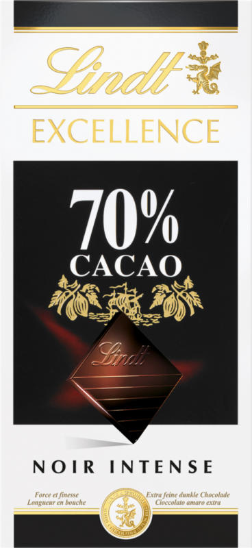 Tablette de chocolat Noir Intense Excellence Lindt, 70% cacao, 100 g