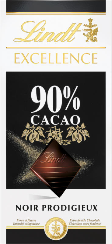 Tablette de chocolat Noir Prodigieux Excellence Lindt, 90% cacao, 100 g