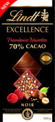 Tablette de chocolat Noir Framboise Noisettes Excellence Lindt, 70% cacao, 100 g