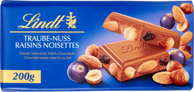 Tablette de chocolat Lindt raisin-noisettes , 200 g