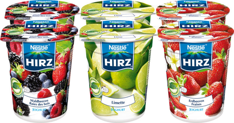 Hirz Joghurt , assortiert: Waldbeeren, Limette, Erdbeeren, 6 x 180 g