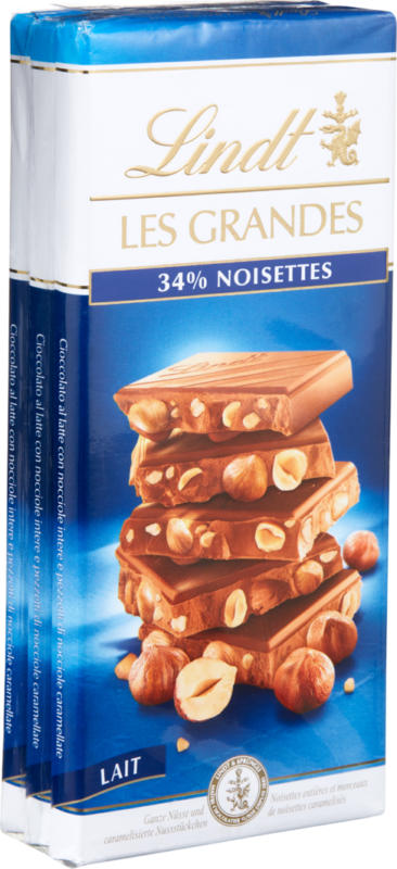 Tablette de chocolat Les Grandes Lait Lindt, 34% Noisettes, 3 x 150 g