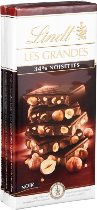 Lindt Les Grandes Tafelschokolade Dunkel, 34% Haselnüsse, 3 x 150 g
