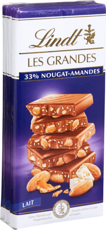 Tablette de chocolat Les Grandes Lait Lindt, 33% Nougat-Amandes, 3 x 150 g