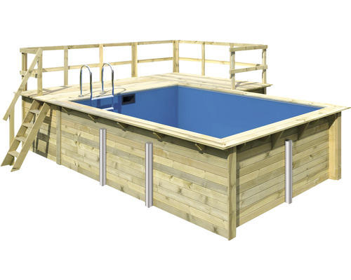 Aufstellpool Holzpool-Set Karibu rechteckig 582x483x124 cm inkl. Sandfilteranlage, Innenauskleidung blau & Leiter mit erweiterter Plattform