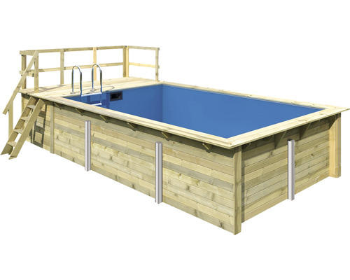 Aufstellpool Holzpool-Set Karibu rechteckig 672x353x124 cm inkl. Sandfilteranlage, Innenauskleidung blau & Leiter mit Plattform