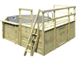 Aufstellpool Holzpool-Set Karibu Variante D achteckig Ø 400x124 cm inkl. Innenauskleidung grau & Leiter mit Plattform