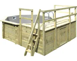 Aufstellpool Holzpool-Set Karibu Variante D achteckig Ø 400x124 cm inkl. Innenauskleidung grau & Leiter mit Plattform