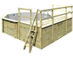 Aufstellpool Holzpool-Set Karibu Variante D achteckig Ø 470x124 cm inkl. Innenauskleidung grau & Leiter mit Plattform