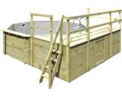Aufstellpool Holzpool-Set Karibu Variante D achteckig Ø 470x124 cm inkl. Innenauskleidung grau & Leiter mit Plattform