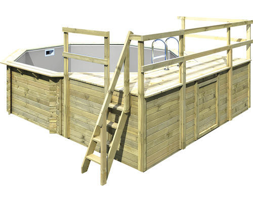 Aufstellpool Holzpool-Set Karibu Variante D achteckig Ø 470x124 cm inkl. Innenauskleidung grau & Leiter mit Plattform