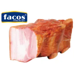 Facos-Schweinebauch mit Schwarte und Knochen, mit Wasserzusatz und Sojaeiwei&szlig;, gebr&uuml;ht und ger&auml;uchert.
