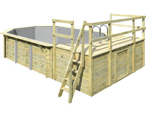 Aufstellpool Holzpool-Set Karibu Variante D achteckig 358x569x124 cm inkl. Innenauskleidung grau & Leiter mit Plattform