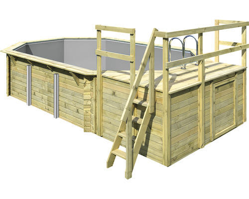 Aufstellpool Holzpool-Set Karibu Variante C achteckig 358x569x124 cm inkl. Innenauskleidung grau & Leiter mit Plattform