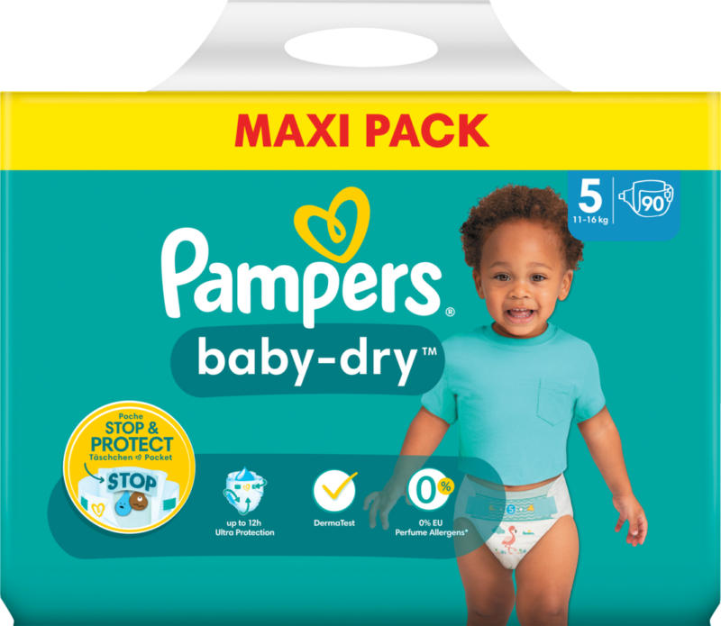 Pampers Baby-Dry, Junior, taille 5, 90 pièces