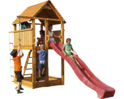 Spielturm Marimex Play 004 Holz natur mit Rutsche rot, Leiter, Lenkrad, Sandkasten und Strickleiter