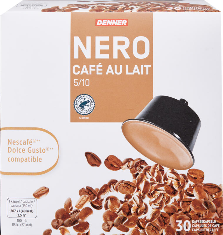Capsules de café Nero Denner , Café au Lait, compatibles avec les machines Nescafé®* Dolce Gusto®*, 30 capsules