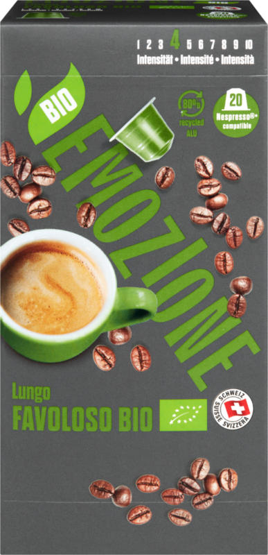 EMOZIONE Kaffeekapseln Favoloso bio, Lungo, compatibles avec les machines Nespresso®, 20 pièces